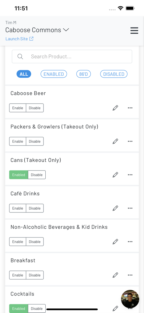 GoTab Manager - GoTab Manager mobile interface displaying restaurant menu categories with options to enable or disable them.