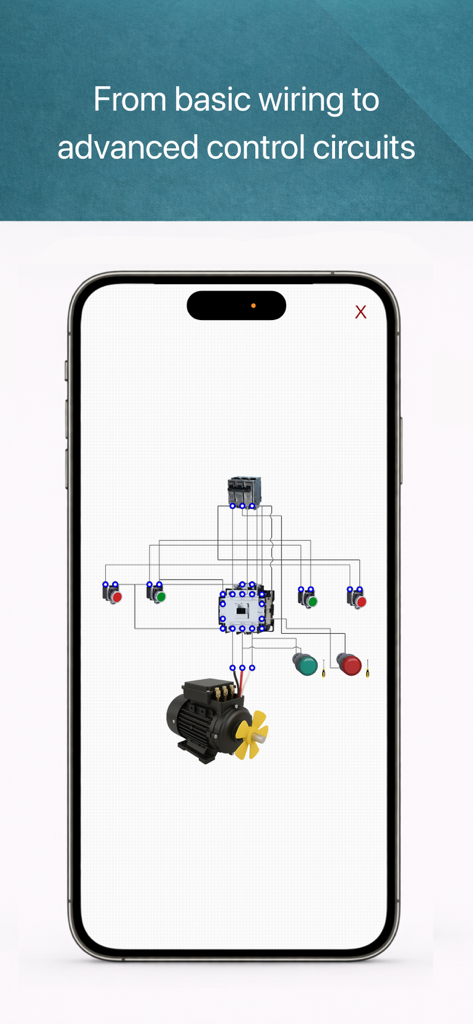 Electrical wiring simulator app showing an advanced control circuit with an electric motor.