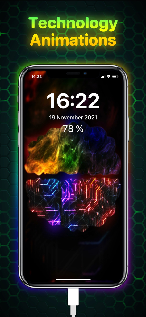 Ampere: Charging Animation App - Pantalla de iPhone con una animación de carga tecnológica brillante y patrones de circuito