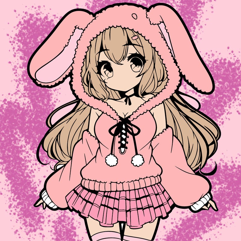 pretty anime girl wearing a fluffy hoodie with bunny ears on the hood and a skirt