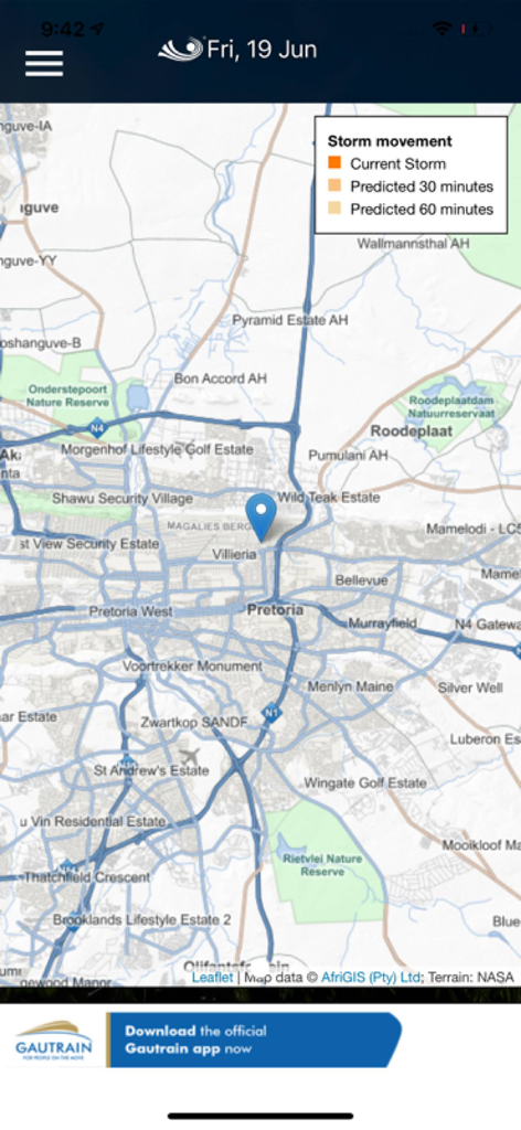 WeatherSmart - A weather map of Pretoria in the WeatherSmart app showing current and predicted storm movements