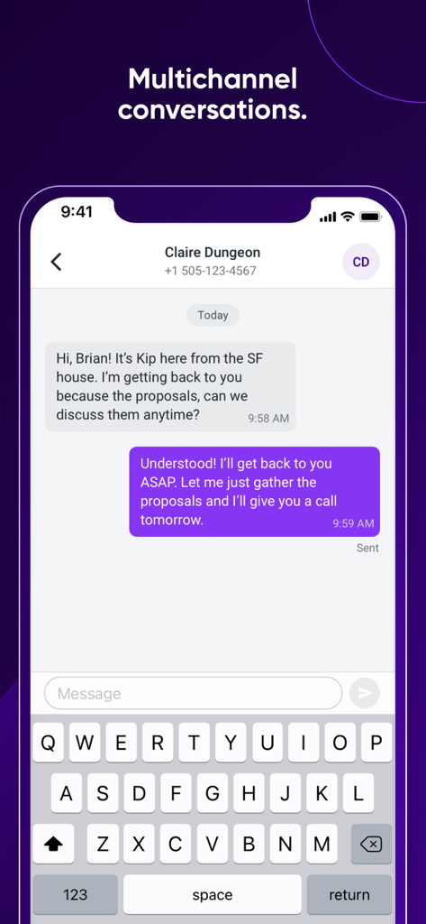 Mobile phone screen showing a business text message conversation in Talkdesk Conversations