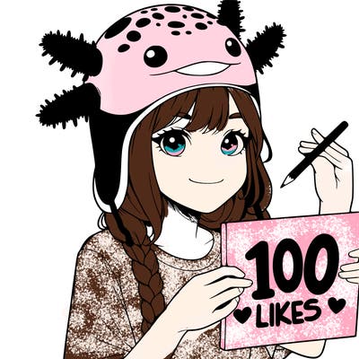realistic girl in an axolotl hat with a sign that says 100 likes