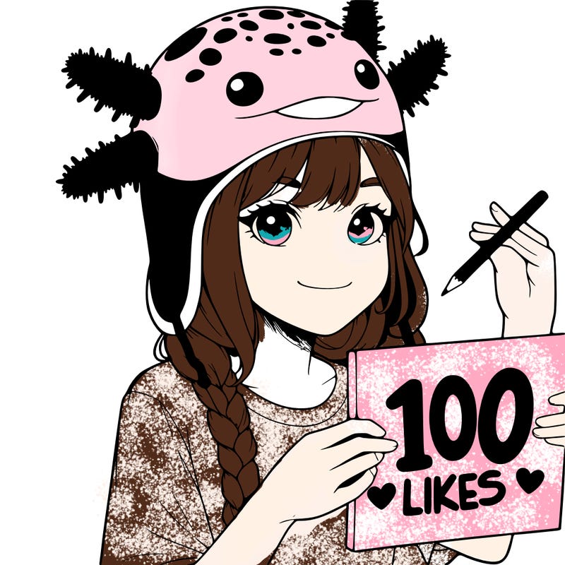 realistic girl in an axolotl hat with a sign that says 100 likes