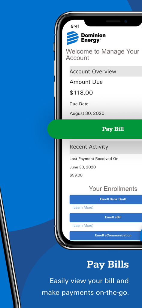 Dominion Energy app interface showing account balance and pay bill button