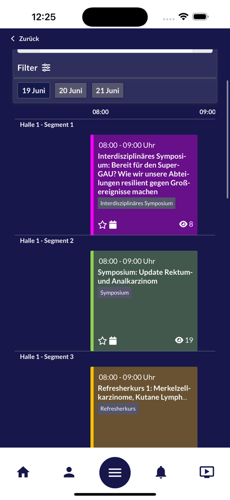 Schedule view of the DEGRO 2025 medical conference app showing daily scientific sessions and symposia.