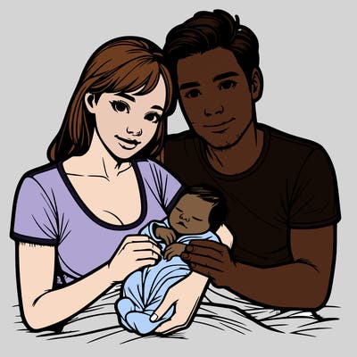 a realistic mother and father with their newborn baby