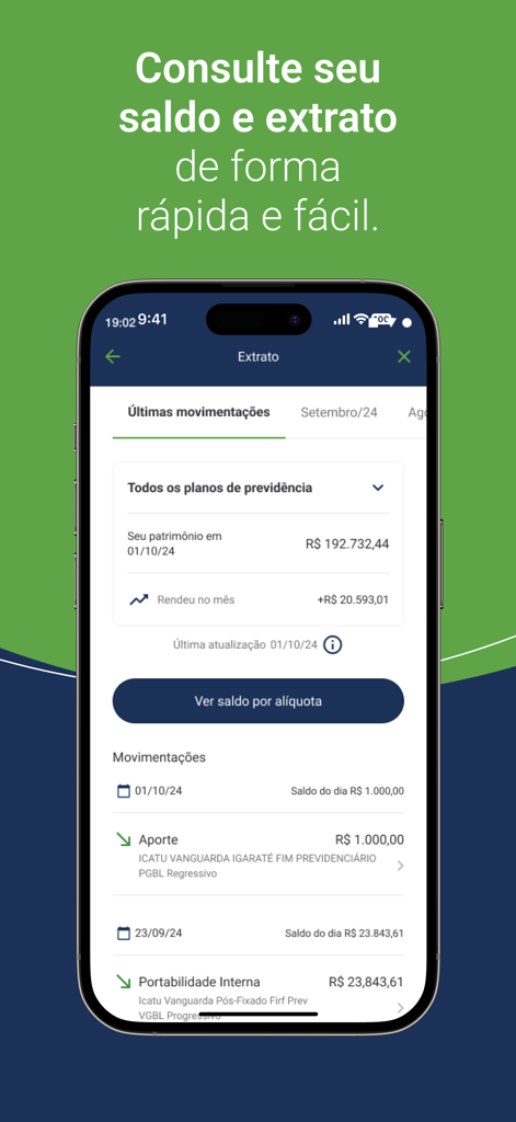 Tela do aplicativo móvel Icatu mostrando um extrato de plano de previdência com saldo, rendimentos mensais e histórico de transações em português.