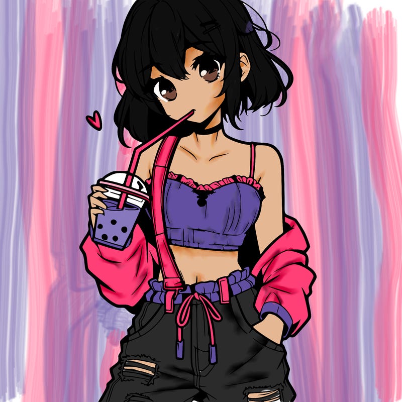 one anime teenage girl in cute top and baggy jeans and biting the boba straw