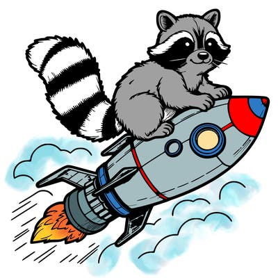 realistic raccoon flying on top rocket ship
