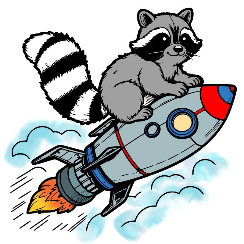 realistic raccoon flying on top rocket ship