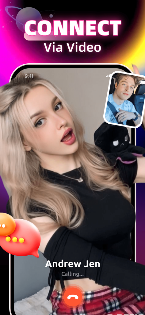 Video Chat，Connect，Share：Olphy - A 1v1 HD video call screen on the Olphy app showing a young woman during a live conversation with a young man.