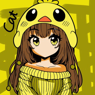 anime girl with chick shaped hat with sweater with bare shoulders with bangs covering them one eye with low tail