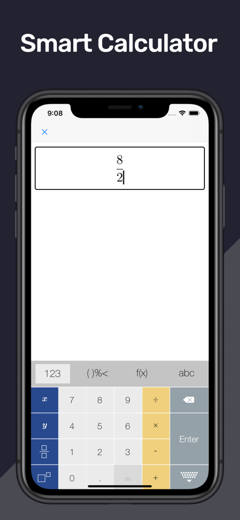 Math Scaner - AI Math Solver - Smart Calculator interface within the Math Scanner app showing a math equation and a specialized numeric and symbolic keyboard