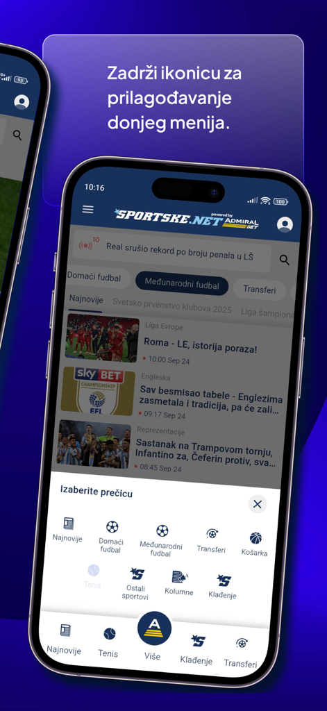 Sportske.net - Sportske.net mobile app screen showing a menu to customize bottom navigation shortcuts.