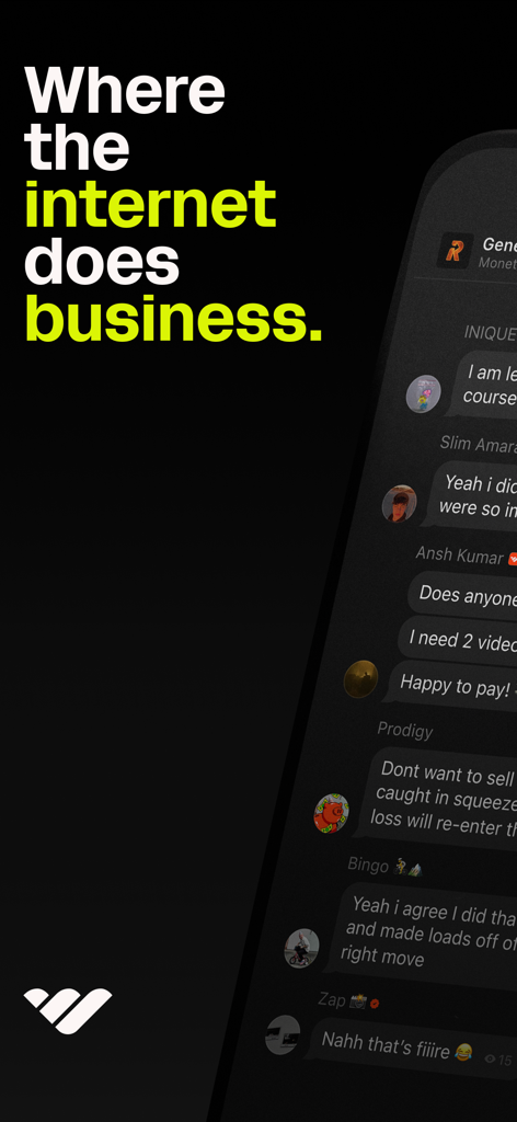 Whop - Una captura de pantalla de la aplicación Whop que muestra una interfaz de chat de comunidad y el lema 'Donde internet hace negocios'.
