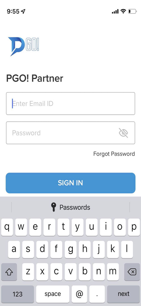 Interfaccia di accesso per l'app di gestione ristoranti PGO! Partner che mostra i campi email e password