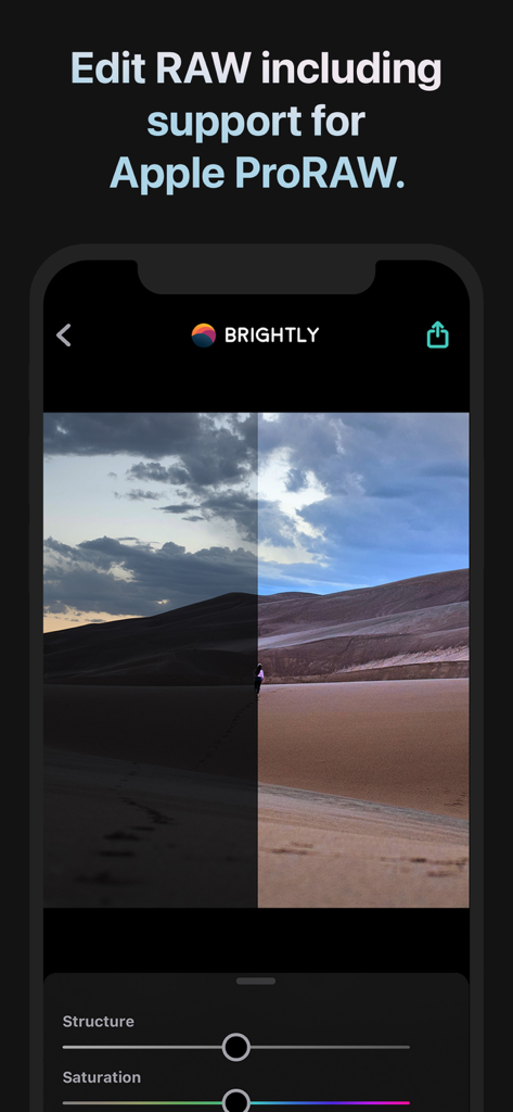 Before and after comparison of a brightened desert landscape photo showing RAW and Apple ProRAW support in the Brightly app
