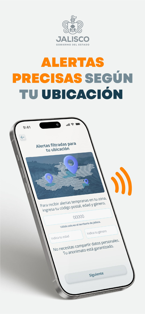 ハリスコ・アレルタアプリの画面。位置情報に基づくアラート設定とプライバシー保証が表示されます。
