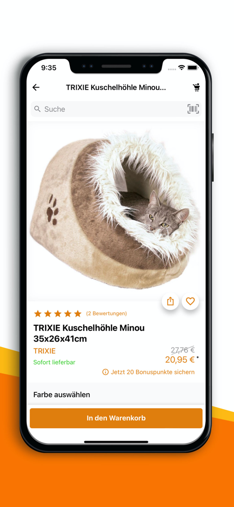 Página de produto do aplicativo móvel ZOOLOGO mostrando uma cama de pelúcia para gatos Trixie com preço e avaliações