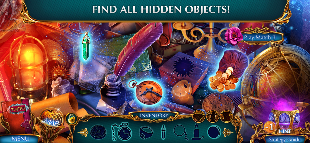 Labyrinths 8 - F2P - Gameplay screenshot showing a hidden object puzzle in a mysterious library setting.