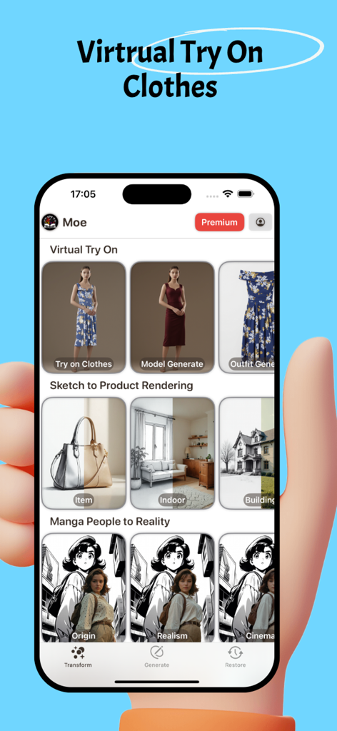 Captura de pantalla de la pantalla de inicio de la aplicación Moe AI Image Transformer que muestra las funciones de prueba virtual y boceto a realidad.