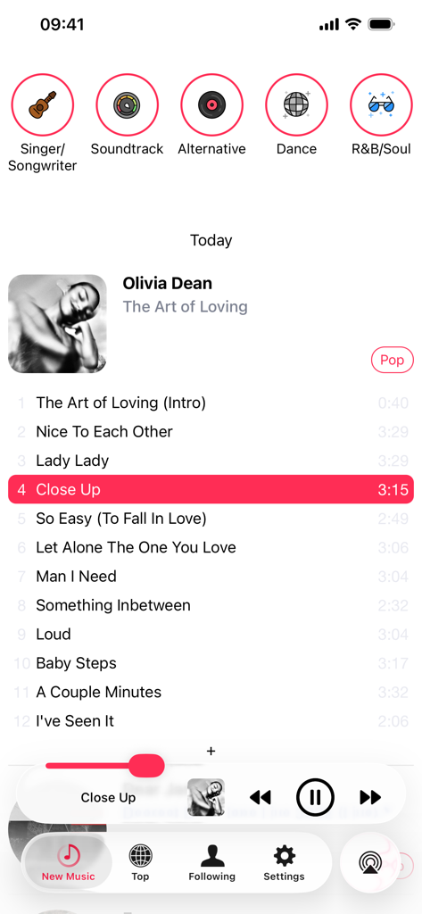 Musicasm: Best New Albums 2026 - Musicasm app interface showing a new album tracklist with playback controls and genre categories