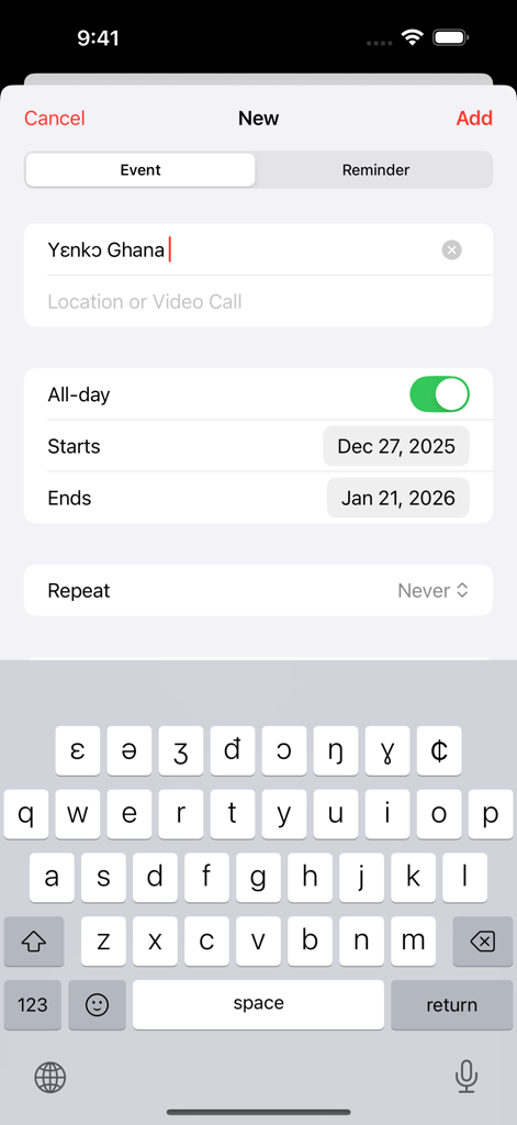 keyInTwi - iPhone screen showing the keyInTwi keyboard with special Twi characters being used to type a calendar event title