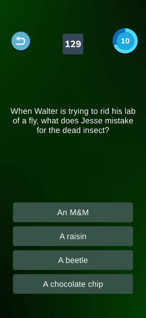 Breaking Bad Quiz - Uma pergunta de trivia de múltipla escolha sobre a série Breaking Bad em uma interface móvel verde escura.