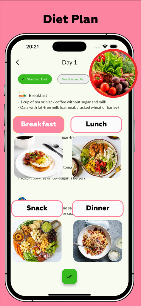 Lose Weight At Home For Women - Interfaz del plan de dieta de la aplicación Pierde Peso en Casa Para Mujeres con sugerencias de comidas diarias para desayuno, almuerzo, merienda y cena