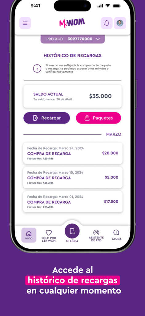 Interfaccia dell'app Mi WOM che mostra la cronologia delle ricariche prepagate e il saldo corrente
