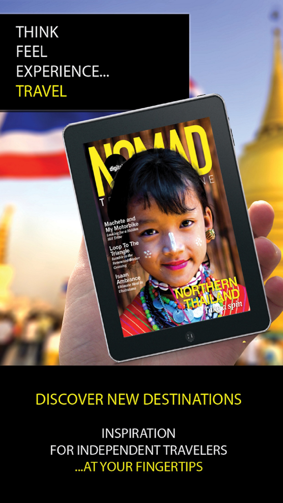A tablet held in hands displaying the Nomad travel magazine cover for Northern Thailand