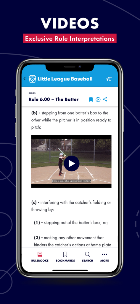 Little League Rulebook - Mobile app screen showing a Little League rule interpretation video for batters.