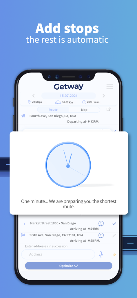 GetWay app interface showing automatic shortest route calculation for multiple stops