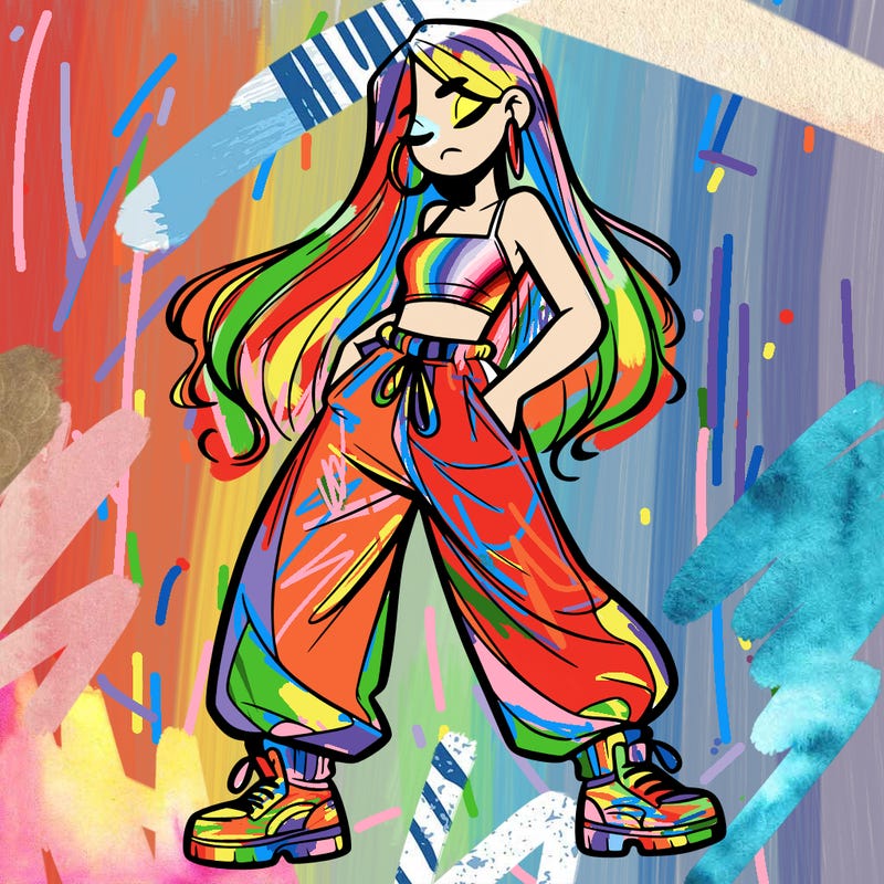 girl in baggy pants crop top and long hair