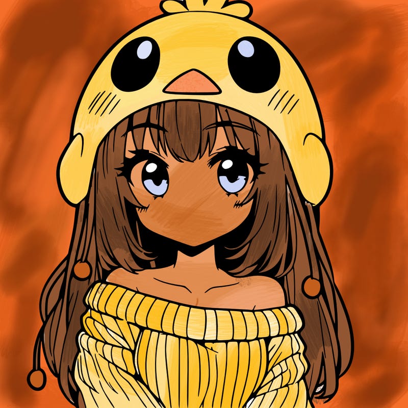 anime girl with chick shaped hat with sweater with bare shoulders with bangs covering them one eye with low tail