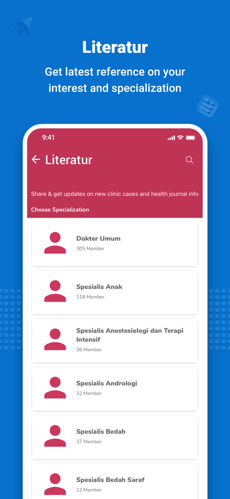 D2D (Doctor to Doctor) - D2D app screen showing a list of medical specialties to filter clinical journals and research