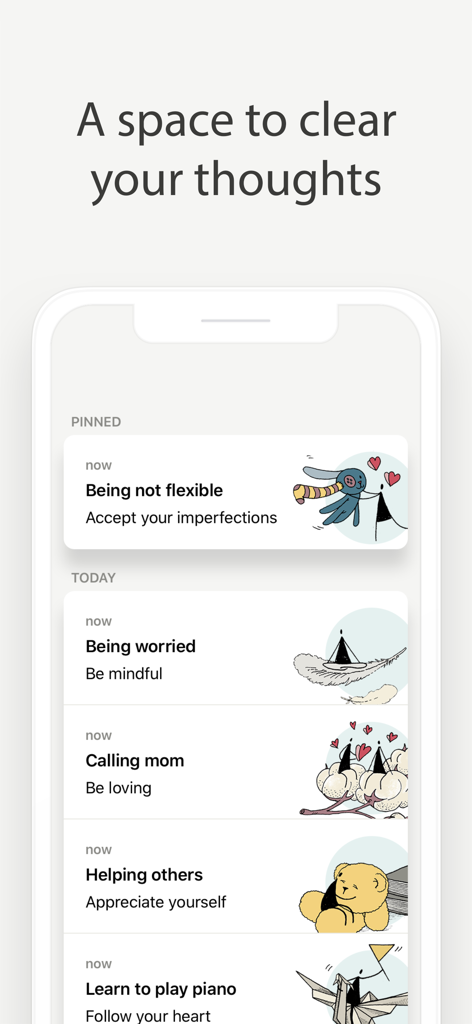User interface of Reflect app displaying a list of guided journaling topics and daily reflections with illustrations.