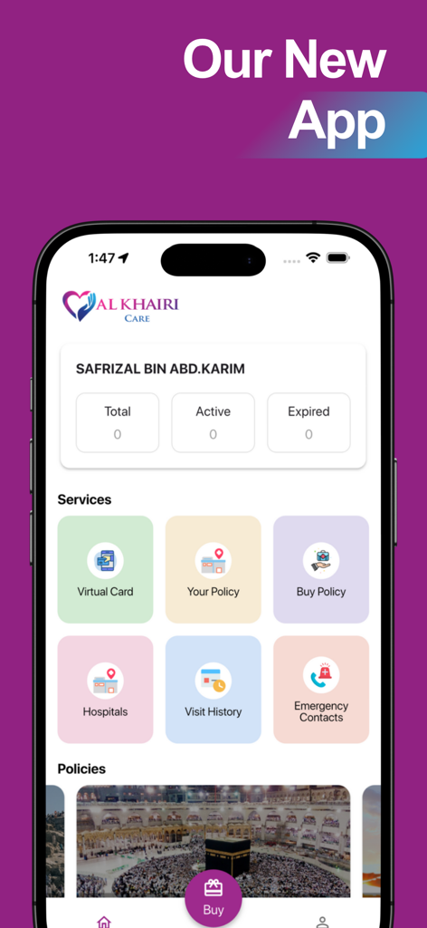 Al Khairi Care SA - Dashboard of the Al Khairi Care app showing medical services and policy management for Umrah pilgrims.
