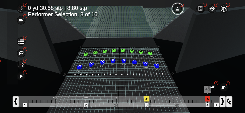 Pyware 3D - Pyware 3D drill design interface showing performer positions on a grid
