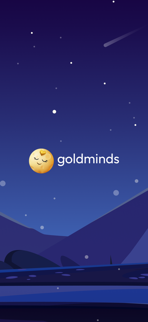 Goldminds App-Logo mit einem lächelnden Mondcharakter und sternenhimmeligem Nachthintergrund