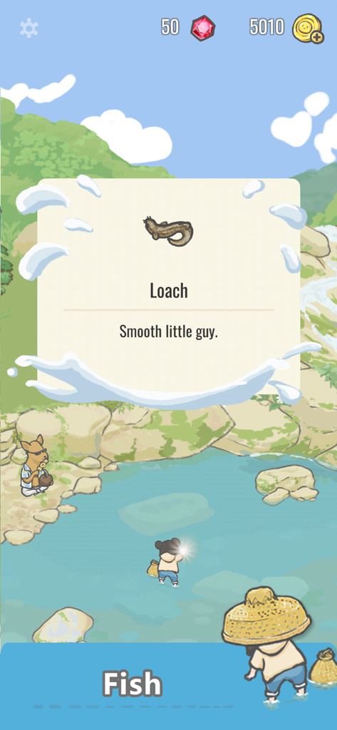 Tuana - A cozy hand-drawn scene from Tuana showing a character catching a loach fish in a pond