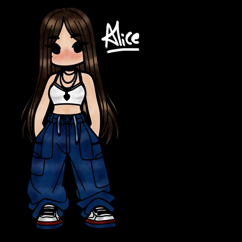 girl in baggy pants crop top and long hair