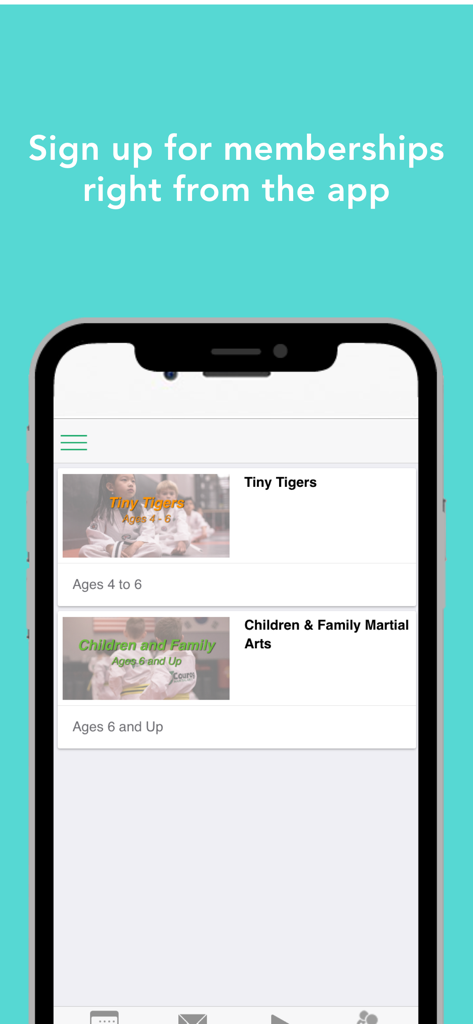 Interfaz de la app MyStudio mostrando opciones de registro de membresía para clases de artes marciales infantiles.