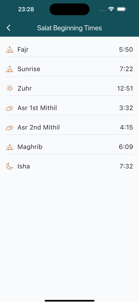 Tower Hamlets Mosques - Daily salat beginning times for Fajr Sunrise Zuhr Asr Maghrib and Isha shown in a mobile app list