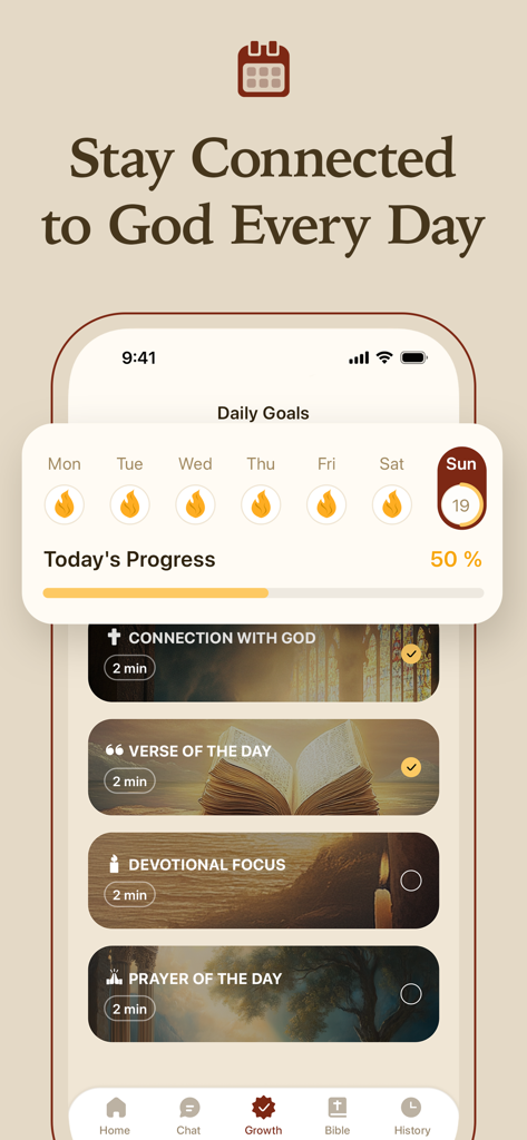 Faith Mentor - AI Bible Chat - A mobile interface of the Faith Mentor app showing daily spiritual goals streak and progress toward connection with God and prayer of the day.