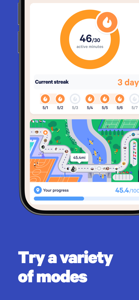 Stridekick app interface showing active minutes streak and a gamified journey mode map