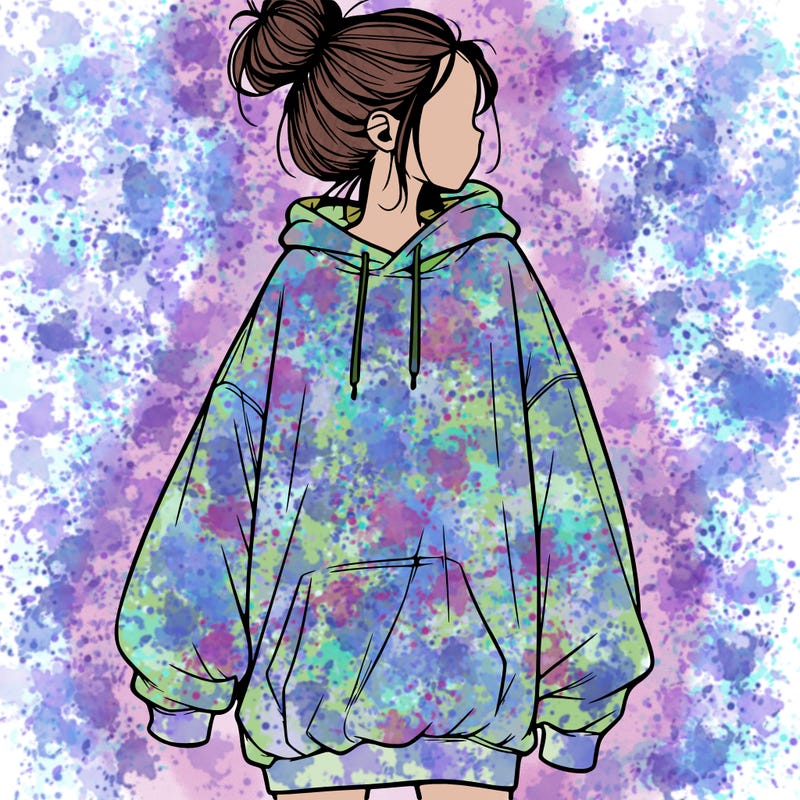 realistic girl with a oversized sweatshirt on and a bun