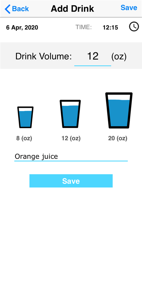 iUFlow- voiding bladder diary - Mobile app interface to log drink volume and type with predefined size options in ounces.