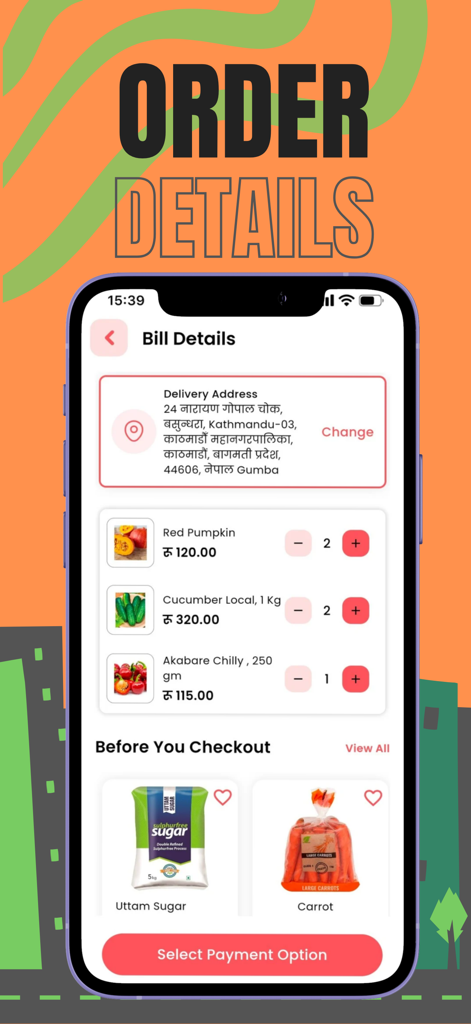 Delli Drop - Delli Drop Mobile App-Oberfläche zeigt Bestelldetails für frische Produkte und Lebensmittel für die Lieferung in Kathmandu